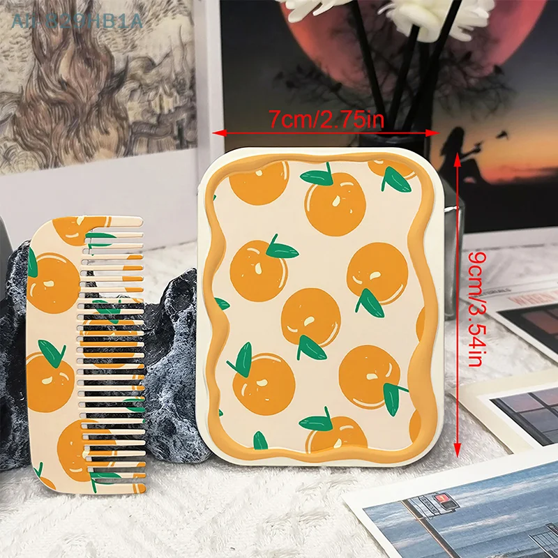 Full Orange Pattern Flip-Top Folding Makeup Mirror Portable Pocket Mirror Rectangle Cosmetic Mirror With Comb For Women Girls