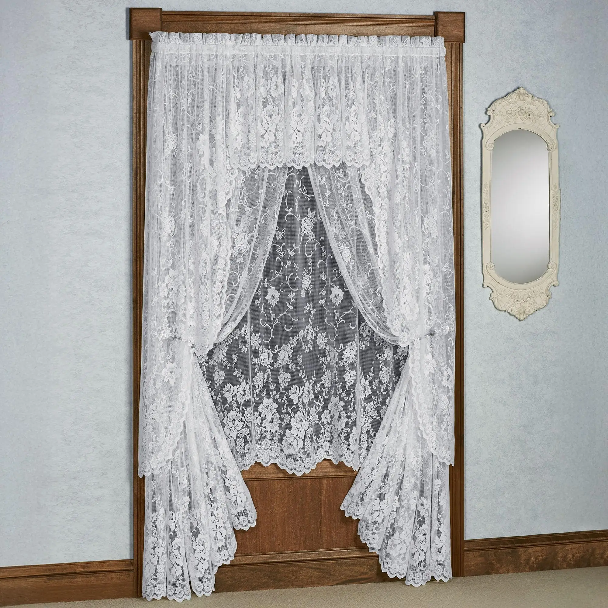 Enchanting Roses Luxury Lace Window Treatment, Antique White, 5 Pc Set