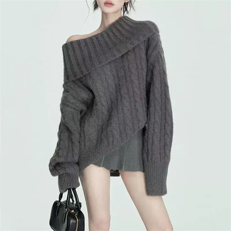 

Women Knit Pullovers Sweaters Solid Slash Neck Jumpers Warm Thick Off Shoulder Full Sleeves Loose Casual Sweater Autumn