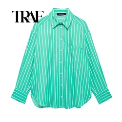 TRAF Women's Summer Street Lapel Straight Single Breasted Loose Shirt Fashion Popular Stripe Decoration Pocket Thin Loose Shirt