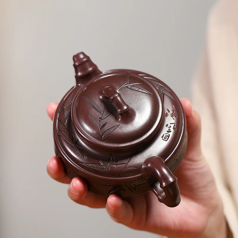 Handmade Yixing Ore Blood Red Sand Purple Clay Teapot Hand-Painted Double-Line Bamboo Drum Tea-Making Sets 250cc