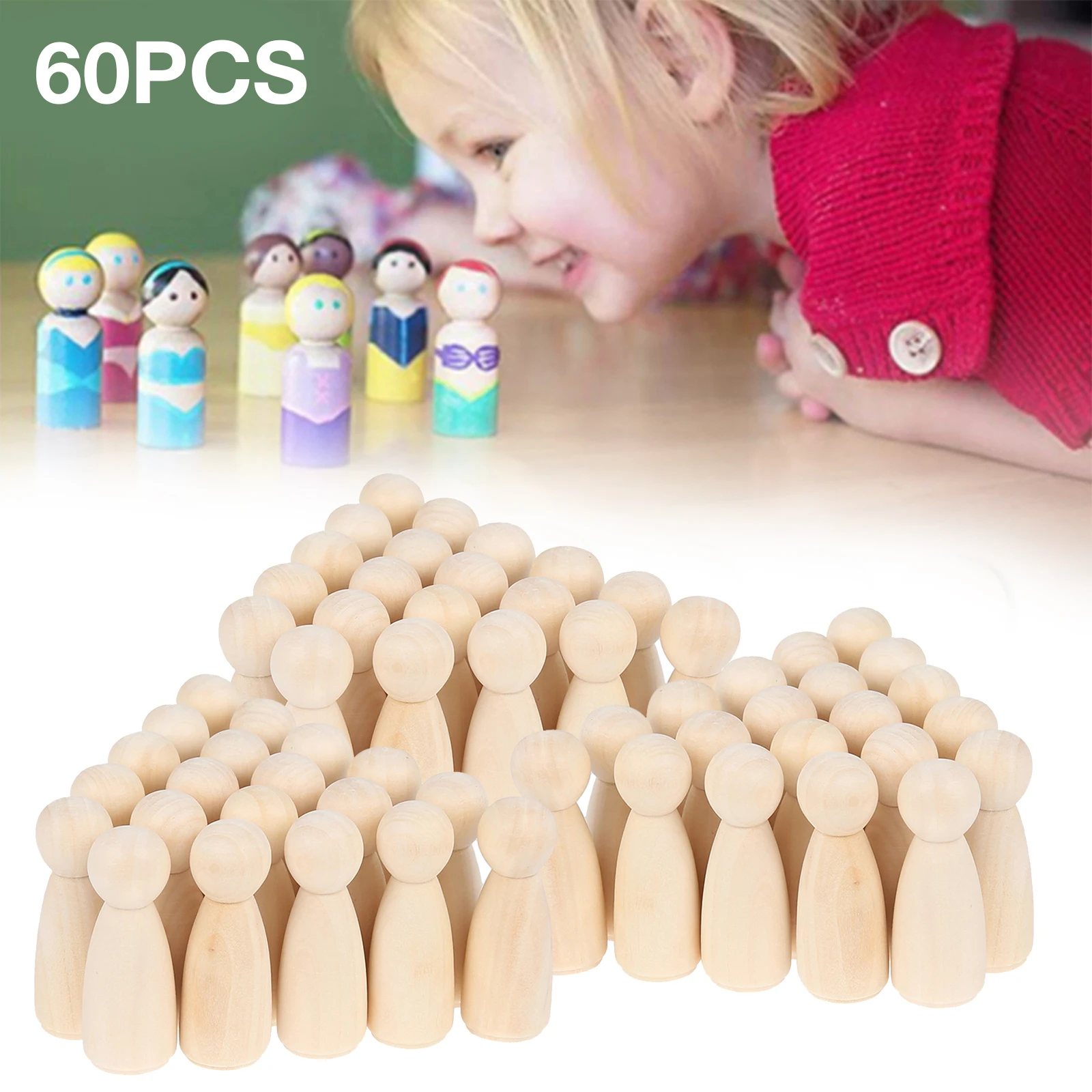 60pcs Unfinished Wood Blank Puppets Male Female Handmade Wood Crafts Wooden Peg Doll Unpainted Figures Wedding Decoration
