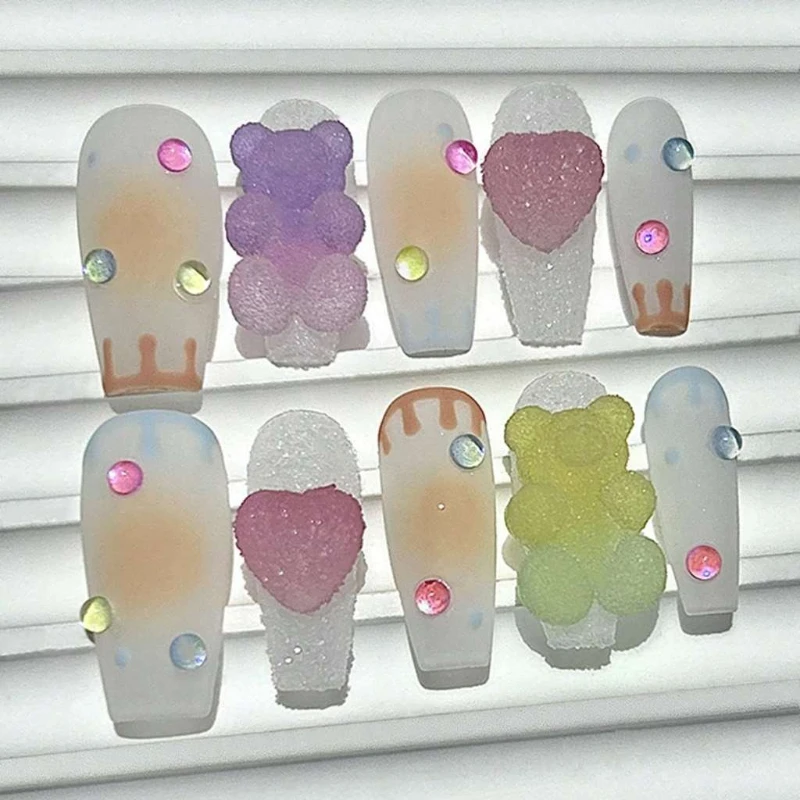 

10 Pieces Press On Nails Make Sweet and Cute Sugar Hearts Gummy Bears Handmade Manicure Removable and Reusable Fake Nails