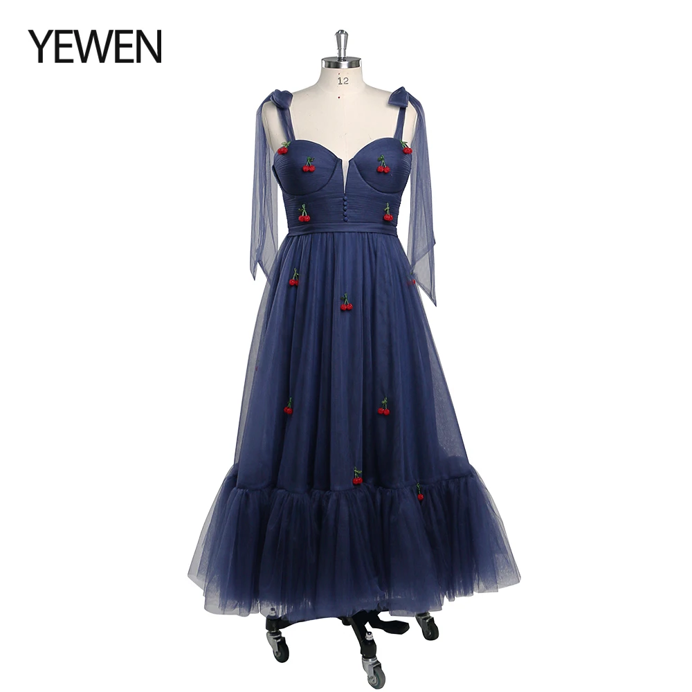 Summer Style Bow Strap Prom Dress Hand Made Cherry Decoration Elegant Valentine's Day Ball Special Occasion Dresses YEWEN