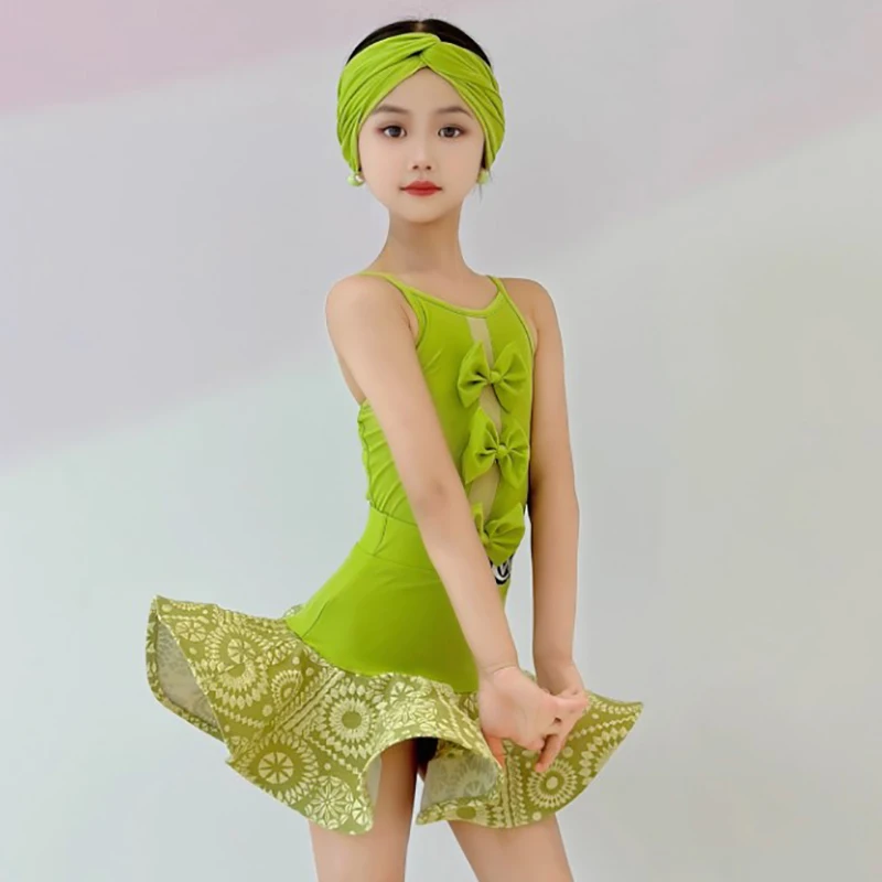 Crianças meninas profissional bowknot sem costas bodysuit dança latina prática desempenho traje espinha de peixe saia competição dancewear