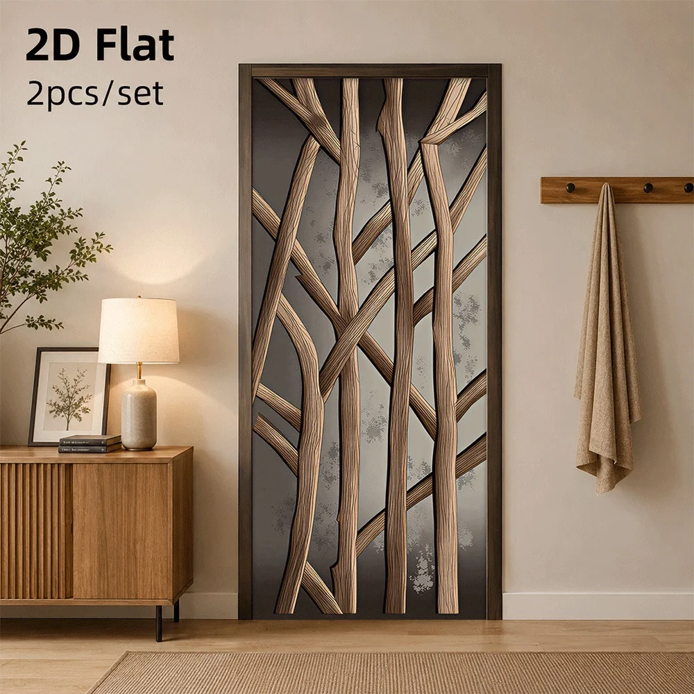 Autocollant de porte créatif à motif de branche d'arbre, autocollant décoratif auto-adhésif amovible, style naturel, ambiance maison, plat 2D