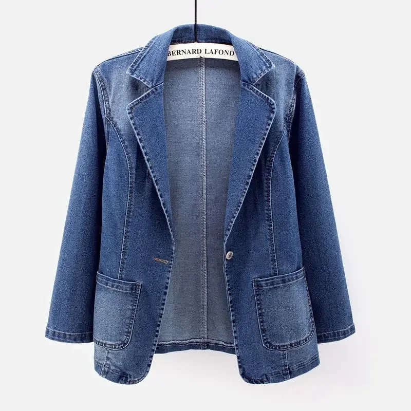 Veste en denim imbibée pour femme, jean de poche coréen, vêtements d'extérieur minces pour femme, un bouton, manches longues, blazers, combinaison, printemps, automne, nouveau