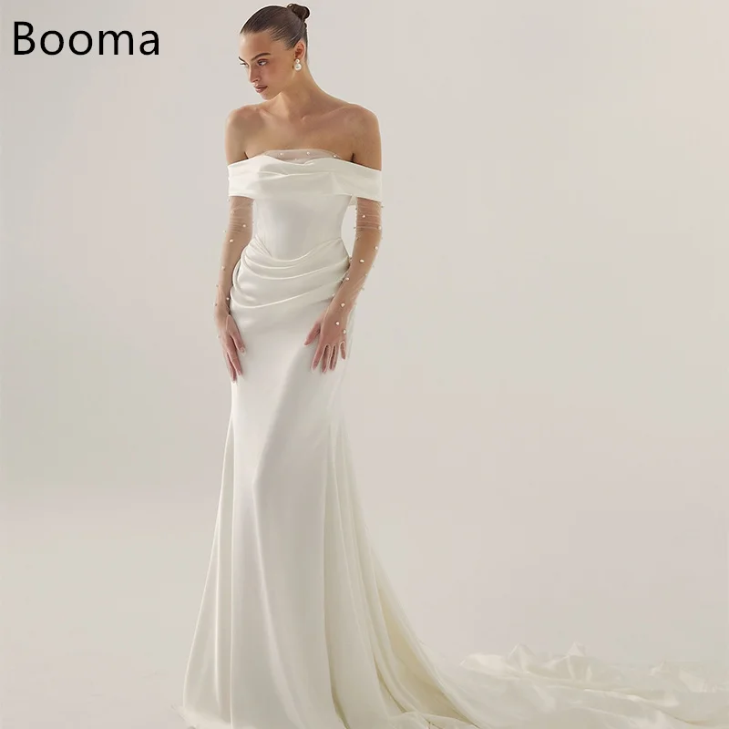 

Booma Simple Mermaid Off The Shoulder Pearls Wedding Dresses Long Sleeveless Satin Elegant Brides Gown Custom Made 2025