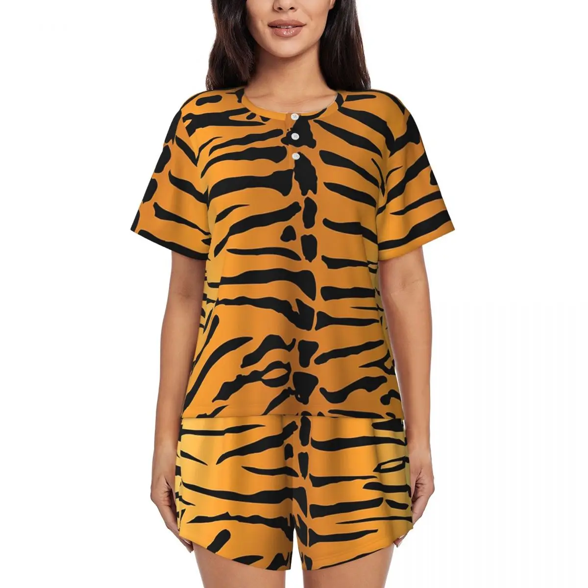 

Ночная рубашка с круглым вырезом и короткими рукавами с рисунком тигра, женский свободный пижамный комплект с короткими штанами