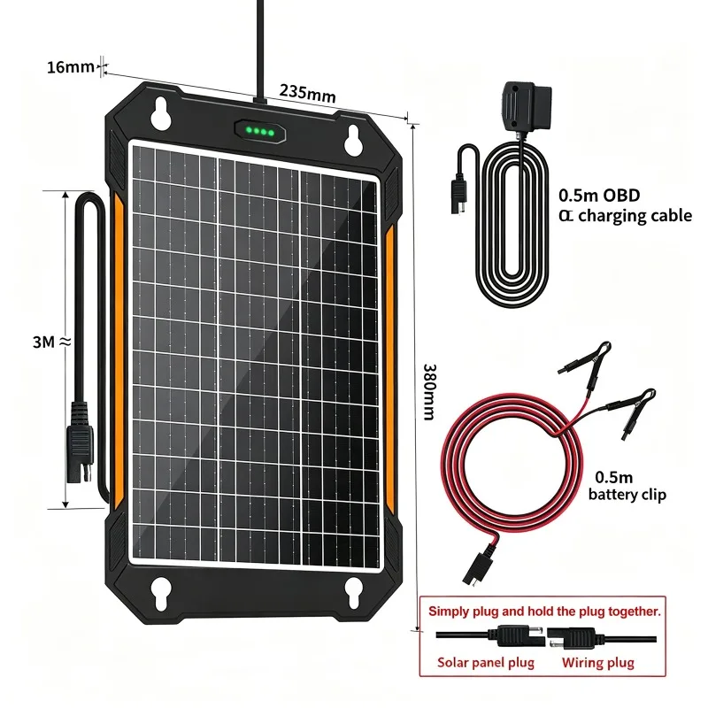 12W Monocrystalline Silicon Solar Panel Car Charger for Car Battery Trickle Charger 12V-18V Outdoor Power Supply Power Generator - view 6