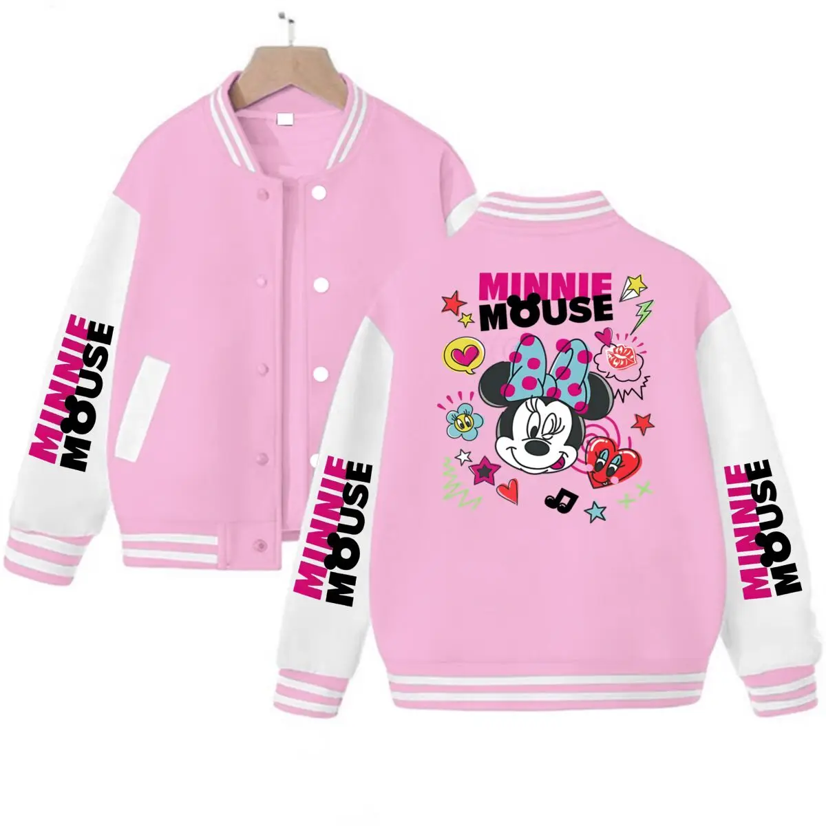 

Minnie Mouse American Style Print Women Jackets Hip Hop Vintage Classic Character Minnie Baseball Uniform Adult Kids Jacket