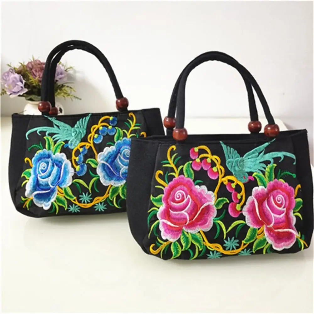 

Elegant Bird Embroidery Flower Handbag Canvas Leaf Ethnic Style Tote Bag Phone Bag Shopping Bag Rose Flower Shoulder Bag Daily