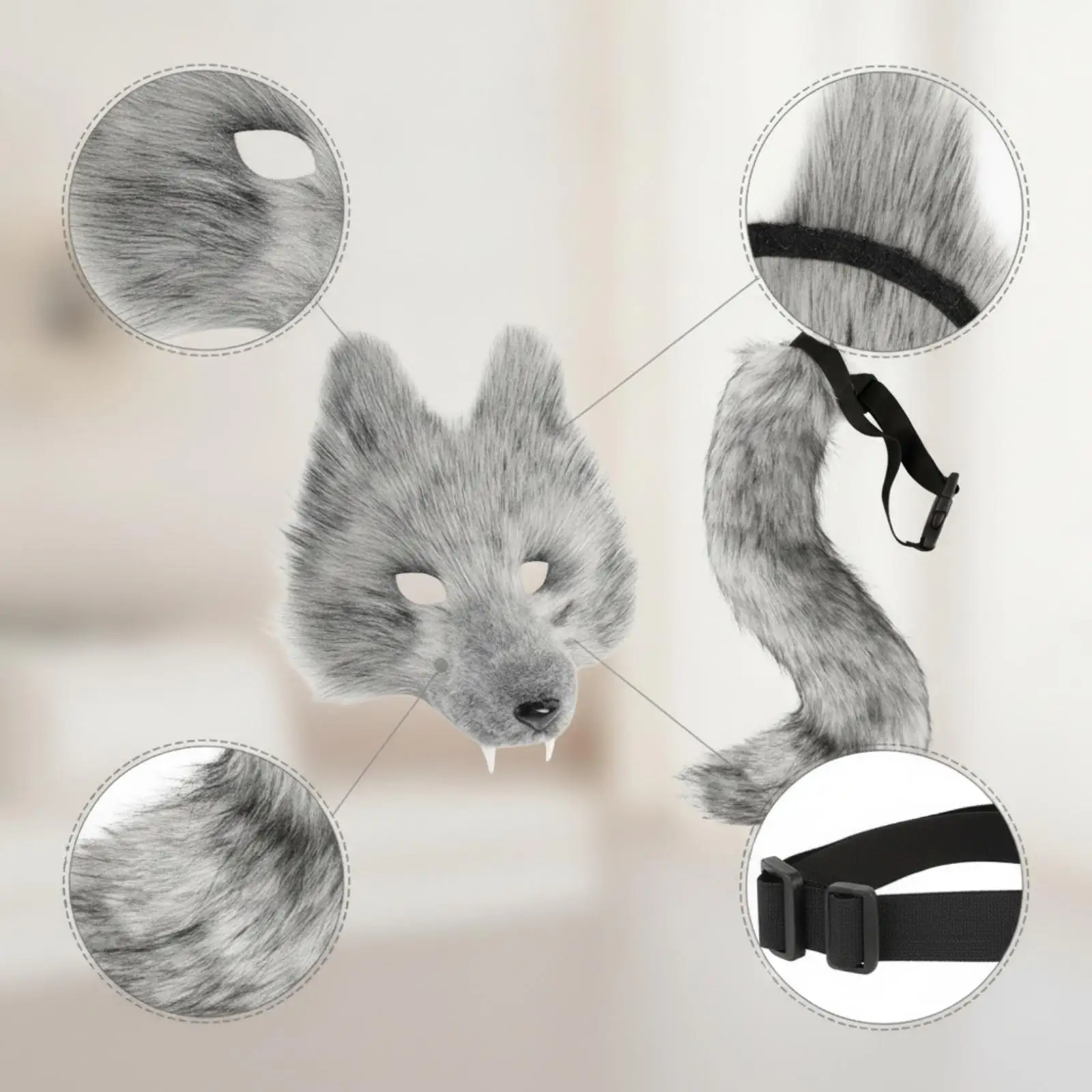 Wolf Face Headband Realistic Costume Mask and Curved Tail Set for Cosplay Halloween Party Disguises