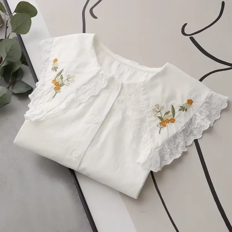 Mori kei clothing Japan style sweet embroider lace patchwork white shirts and blouses long sleeve tops for women lolita clothes