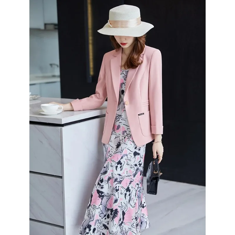 Spring Autumn Women Suit Blazer 1 Piece Pink Black One Button Slim Fit Jacket Lady Business Work Wear Formal Coat Cotton Outfit