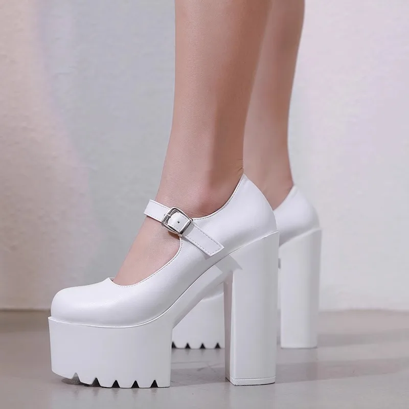 Round Toe Woman Pumps Chunky Block High Heel Punk Rock Goth Pumps Solid Color Ankle Strap Platform Thick Heel Footwear