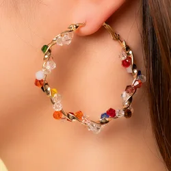 Random Beaded Crystal Hoop Earrings for Women Fashion Big Round Circle Dangle Earrings Wedding Party Bohemian Geometry Jewelry