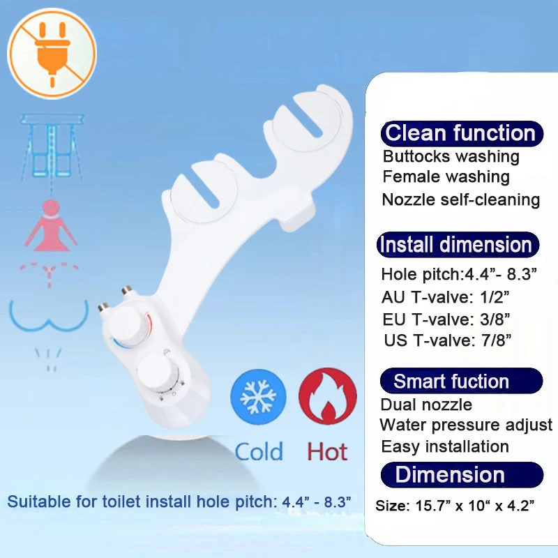 No-Power Bidet Toilet Seat Hot and Cold Water Hip Cleaner Dual Independent Detachable Spray Nozzles Toilet Bidet Attachment