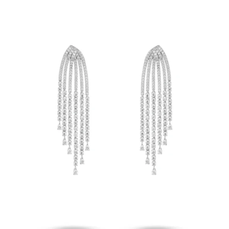 Bellux Luxury Multi-layer Sparking CZ Tassel Waterfall Earrings Women 925 Silver Long Drop Dangle Earrings Wedding Party Jewelry