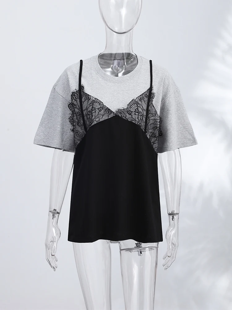 Spitzen-Patchwork T-Shirt mit Fake-Zweiteiler-Effekt für Damen, Eleganter Rundhalsausschnitt, Kurzarm, Locker Geschnittenes Oberteil, Frühlings-Chic, Neue Club- und Partykleidung – Detail 12