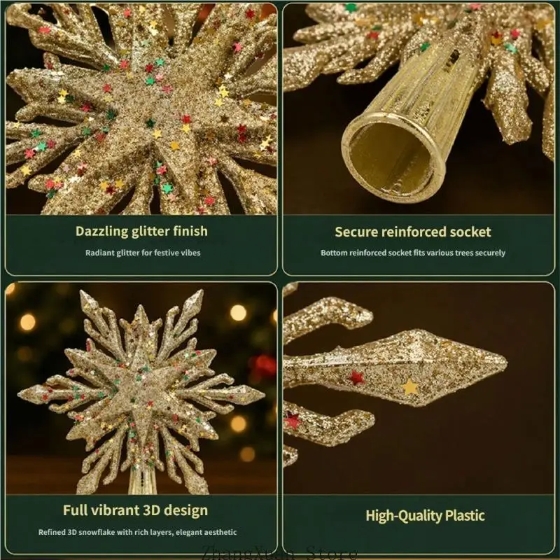 Hochwertige glitzernde Schneeflocken-Weihnachtsbaumspitzen mit einfacher Installation, festlicher Baumschmuck, 3 x – Detail 10