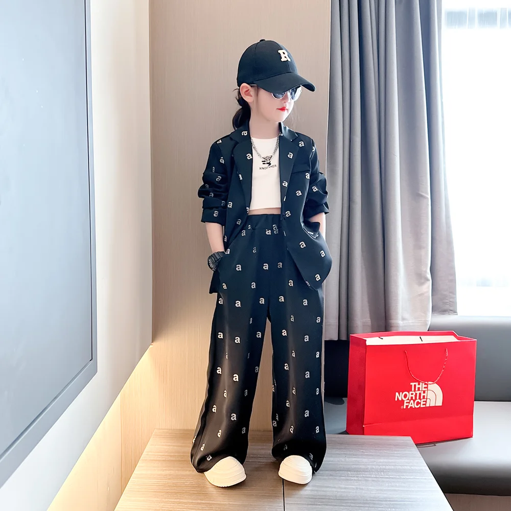 Spring New Girl Set 2024 Children\'s Letter Coat+Wide Leg Pants Two piece Set Fashion Girl Casual Walk Show Set Girl Clothing