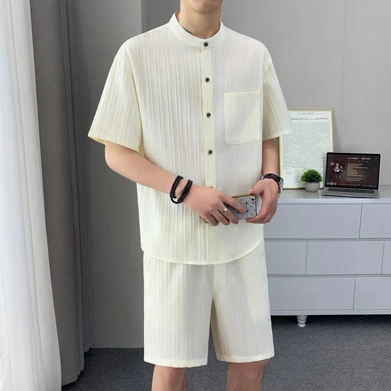 

Men's Stand Collar Shirt Shorts Set Striped Casual Two-Piece Summer Outfit