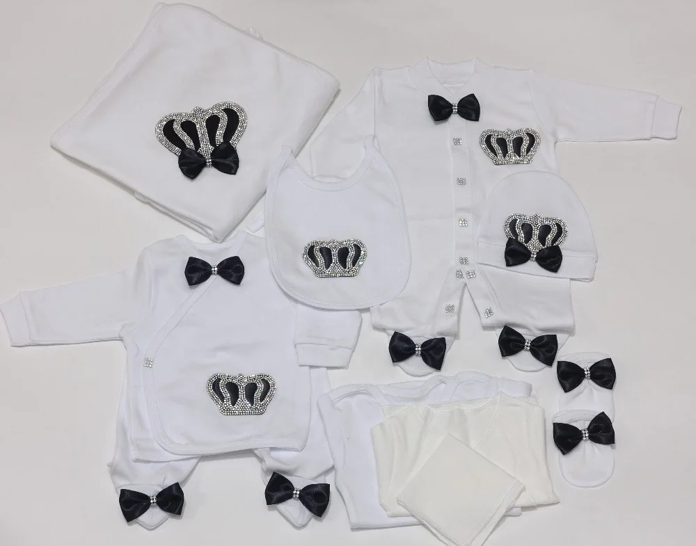 Wholesale Custom Newborn New Design Cotton Fabric Knitted Bubble Baby Romper 10 Pieces Baby Set With Jewel Crown