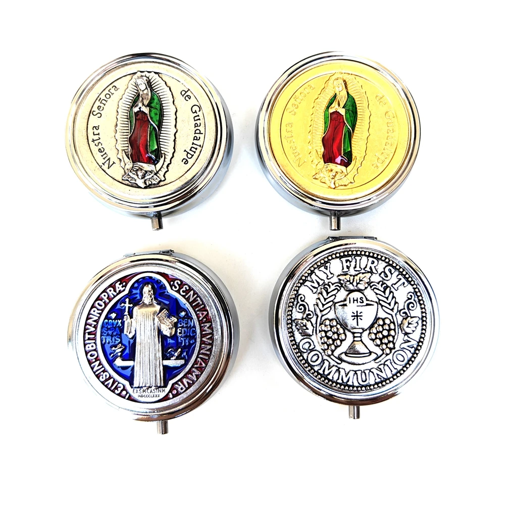 

QIGO New Metal Round Boxes For Necklace Religious Saint Benedict The Holy Grail Jewelry Case