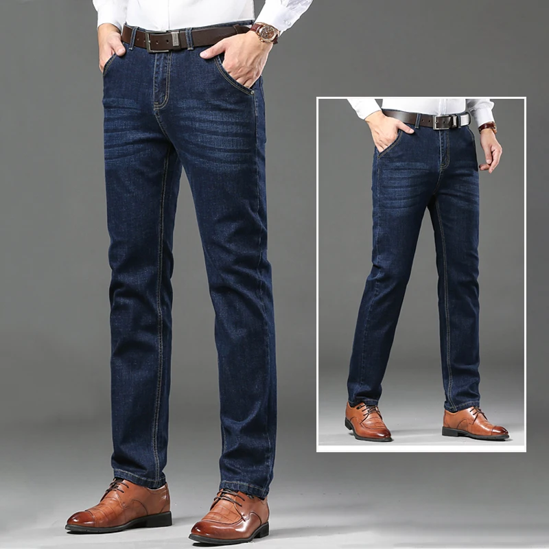 

Мужские прямые эластичные джинсы, повседневные длинные деловые джинсовые брюки, классические джинсы с поясом на четыре сезона, корейские синие, черные брюки