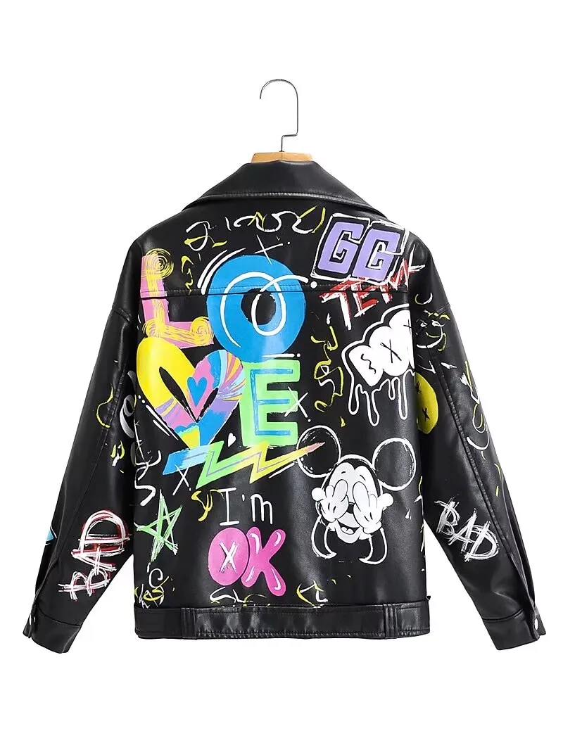 Fashion Brand Coat PU Leather Jacket Women Colorful Print Graffiti Soft Punk Coats Slim Locomotive Cropped Jacket Leather Top 1