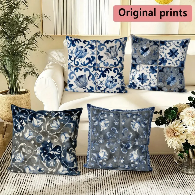 Blue Porcelain Style Pillow Covers Pattern Cushion Cover Suitable for Sofa Bedroom Car Pillow Cover