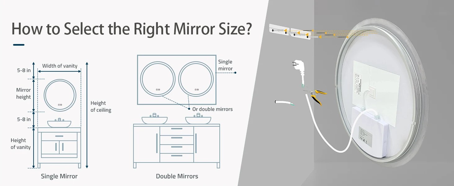 Round LED Bathroom Mirror 500 600 700 800 900mm Wall Vanity Mirror with Aluminum Frame, Anti-Fog, Stepless Dimming, 3000K/4000K/6000K,Memory Function, Backlit, Dual Buttons