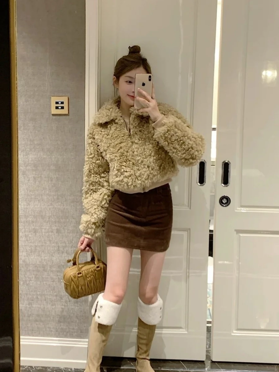 Fourrure d'agneau extérieur ort Jaet femmes lâche petite Fraance Sle manteau automne hiver nouvelle fourrure écologique Thiened Long Sve...