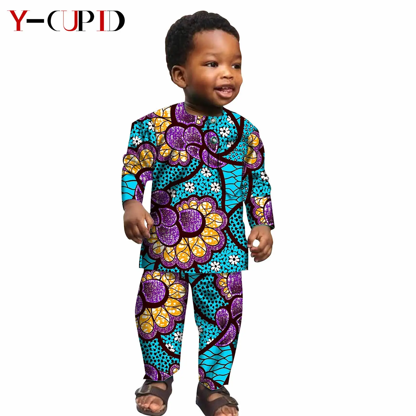 African Clothes for Kids Boys Akara Print Boy Shirt Top and Pants Sets Bazin Riche Children Clothing 2 Pieces Sets S204022