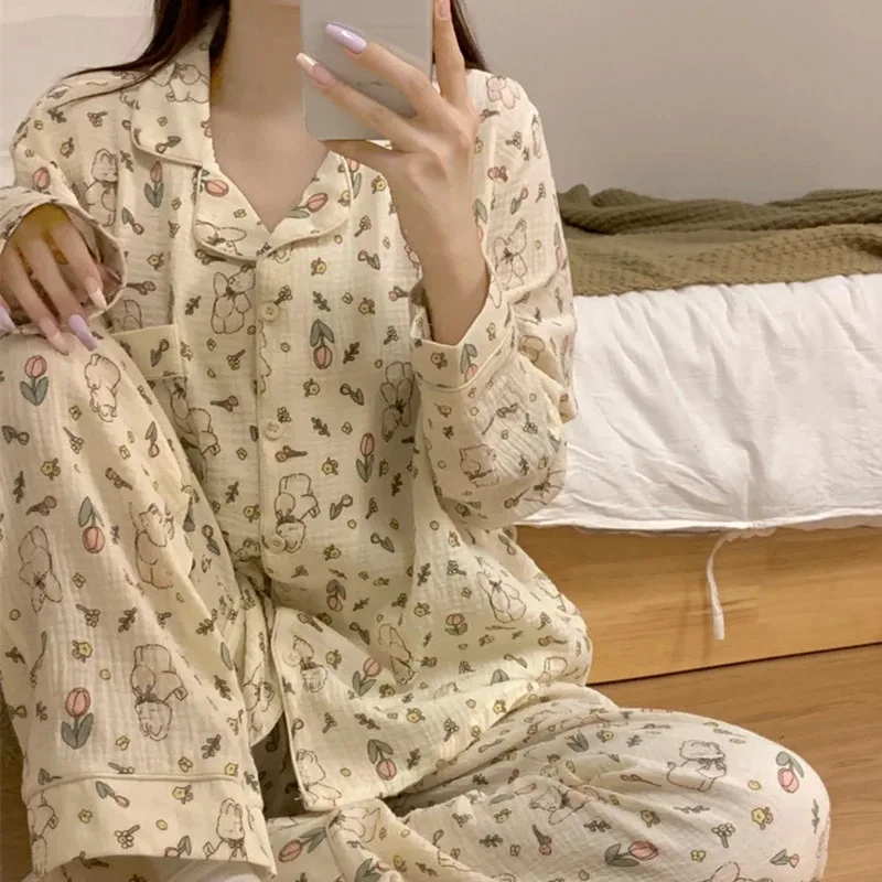 

Women's Pajamas New Autumn Spring Long Sleeve Soft Sleepwear Set Striped cartoon pyjama Woman Home Nightwear Set Cardigan