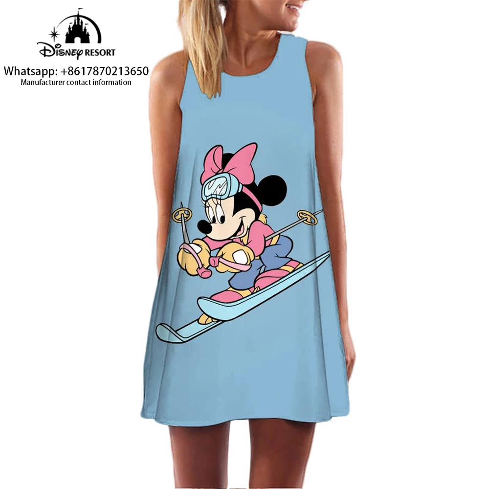 Women\'s Knee-length Dress Mickey Mouse Cartoon Print Summer Home Casual Dress Cute Minnie Pattern Sleeveless Dress