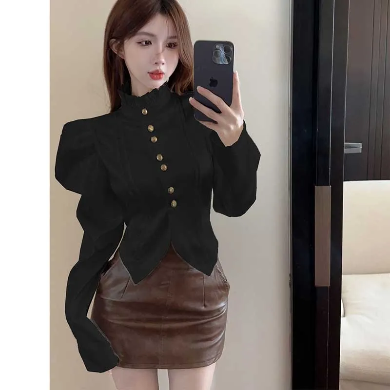 Elegant Stand Collar Ruffles Spliced Puff Sleeve Shirts Women\'s Clothing 2024 Spring New Slim Korean Tops Office Lady Blouses