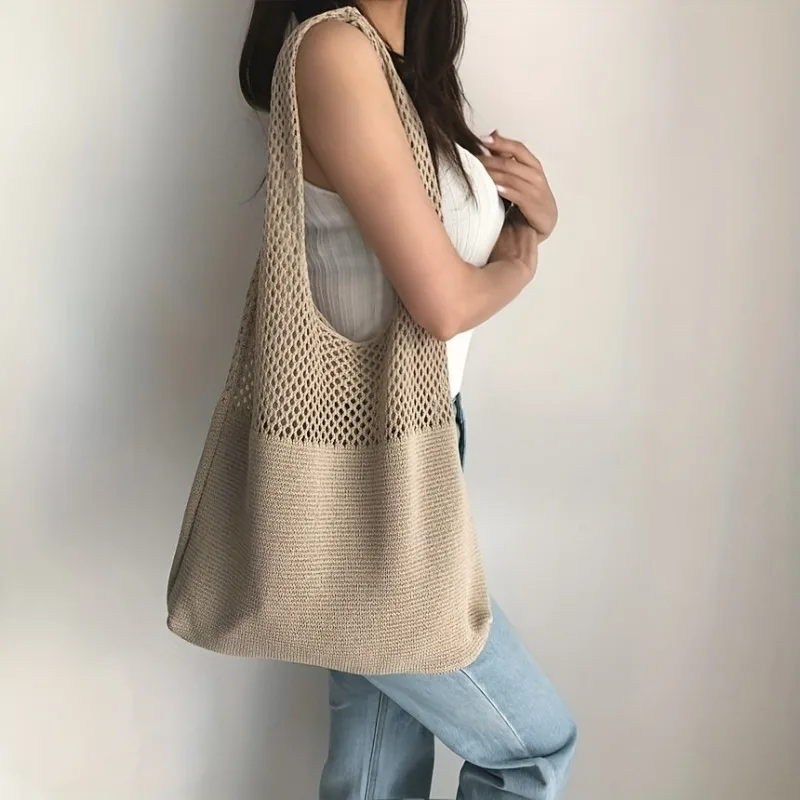 Bolso de hombro de punto para mujer: bolso de compras de poliéster de color sólido, bolso de viaje vintage informal de gran capacidad