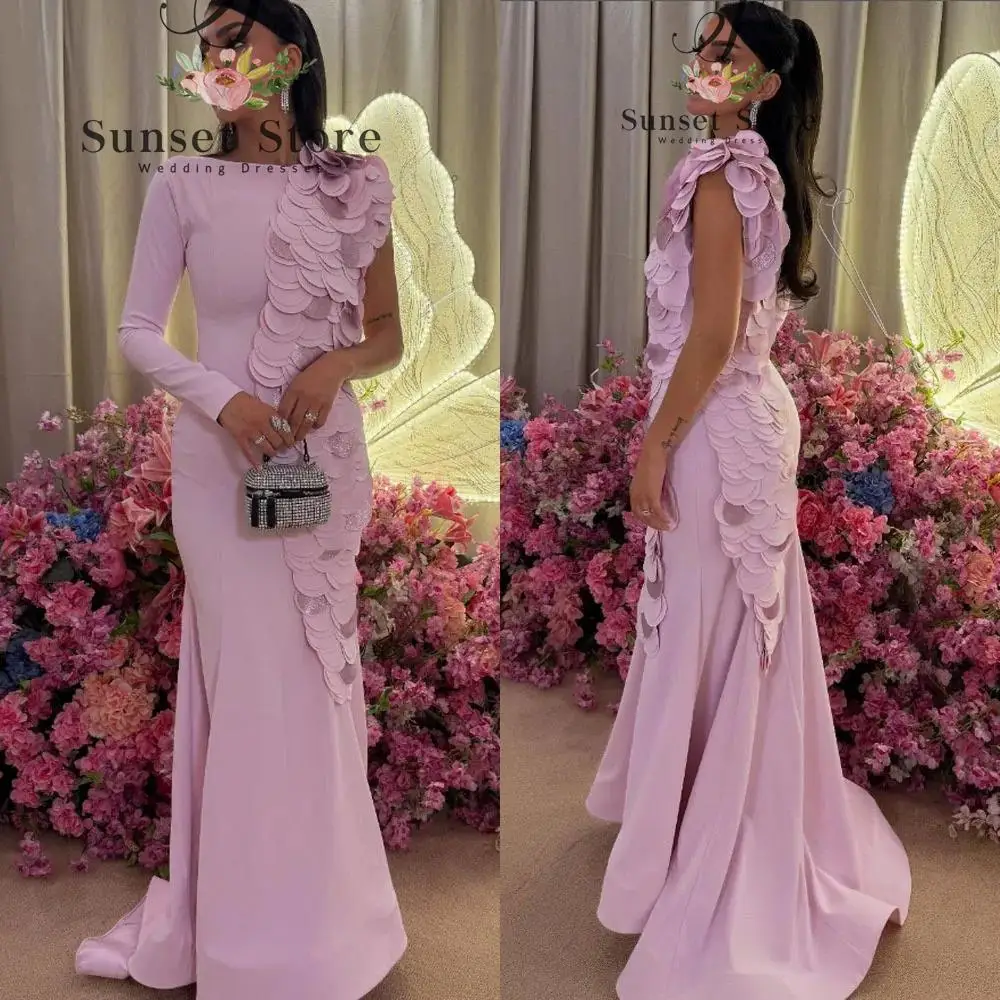 Customized High Quality One Shoulder Floor Length Sweep Train Pink Wrinkle High Collar Evening Dresses Plus Size Cocktail Dress