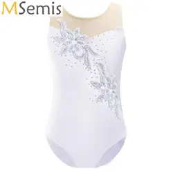 Kids Girls Glittering Ballet Jumpsuit Gymnastics Leotard Figure Skating Dance Costume Mesh Bodysuit Class Training Dancewear