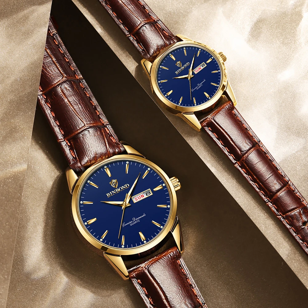 BINBOND Couple Watches Trend Simple Original Quartz Wristwatch Waterproof Luminous Date Week His and Her Watch Fashion Reloj New