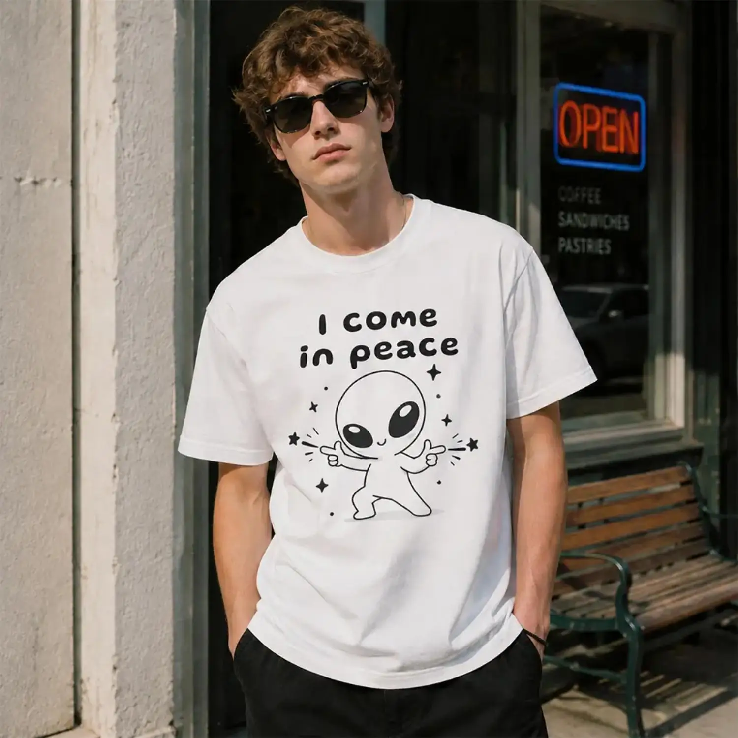 Summer T Shirts I Come In Peace Alien Graphic T-Shirt Funny UFO Meme Tee Unisex Short Sleeve Crewneck Casual Streetwear Top