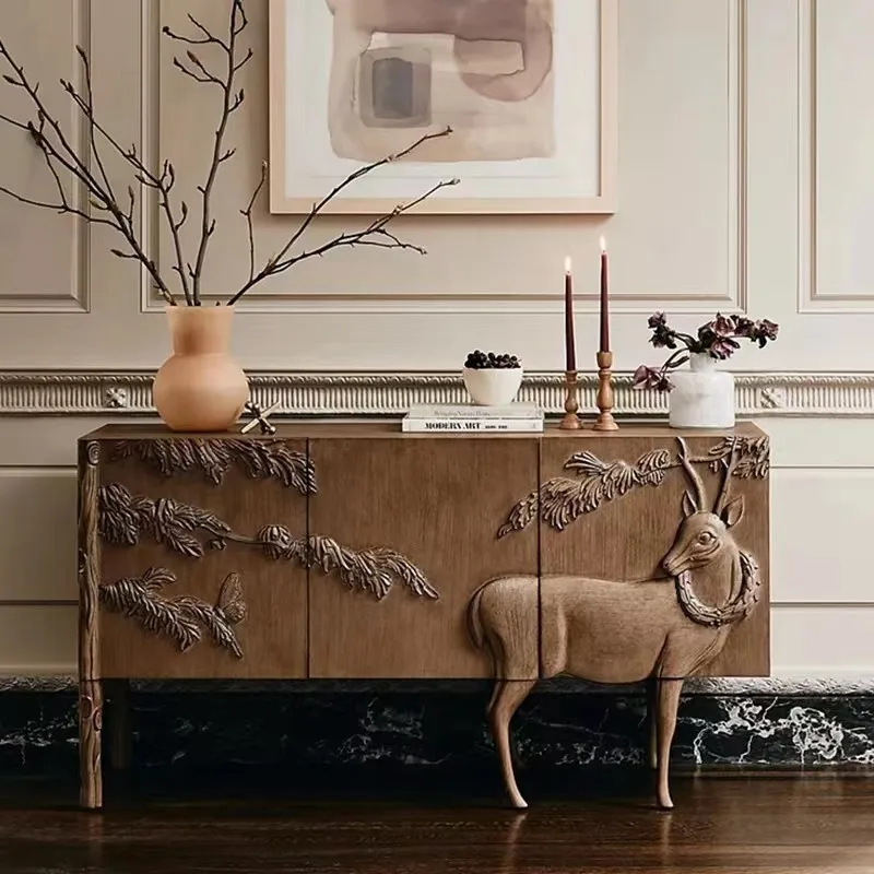 

Customizable French solid wood carved vintage entryway cabinet American country foyer sideboard B&B decoration wabi-sabi style