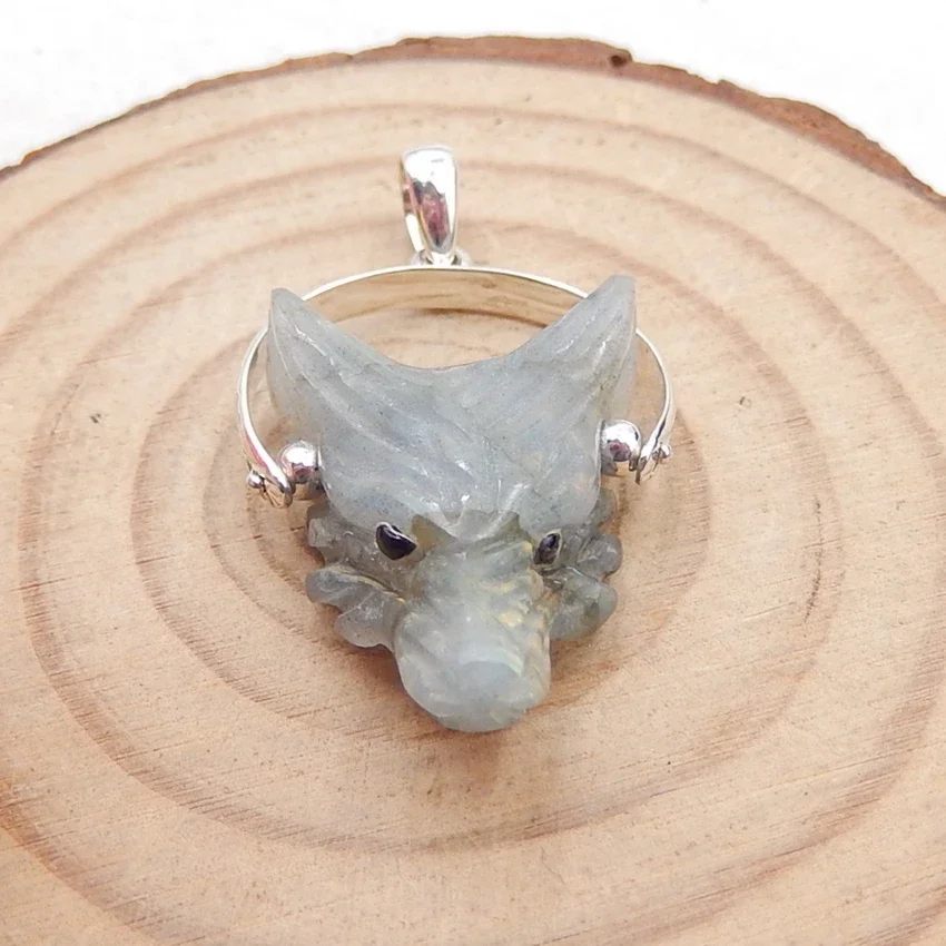 Wholesale 1pcs Fashion natural stone Labradorite Carved Wolf Head Sterling silver Pendant for jewelry making 22x16x8mm,3.9g