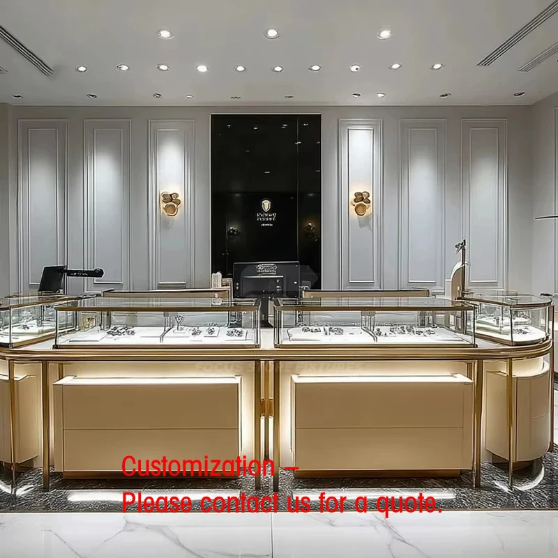 custom.Luxury Custom Aluminum Frame Jewelry Counter with High-Gloss Lacquer Wood Flagship Boutique Interior