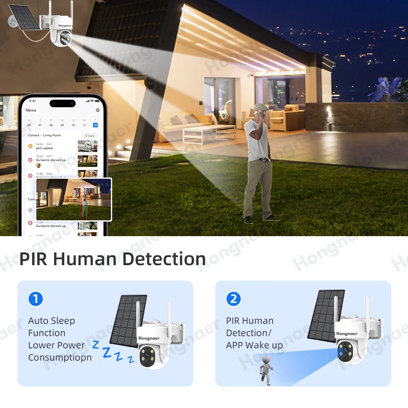 Hongnaer 4MP 360 WiFi 8 Channel IP NVR Home Surveil Solar Security PTZ Camera Set Kit System Wireless Outdoor CCTV Camera System