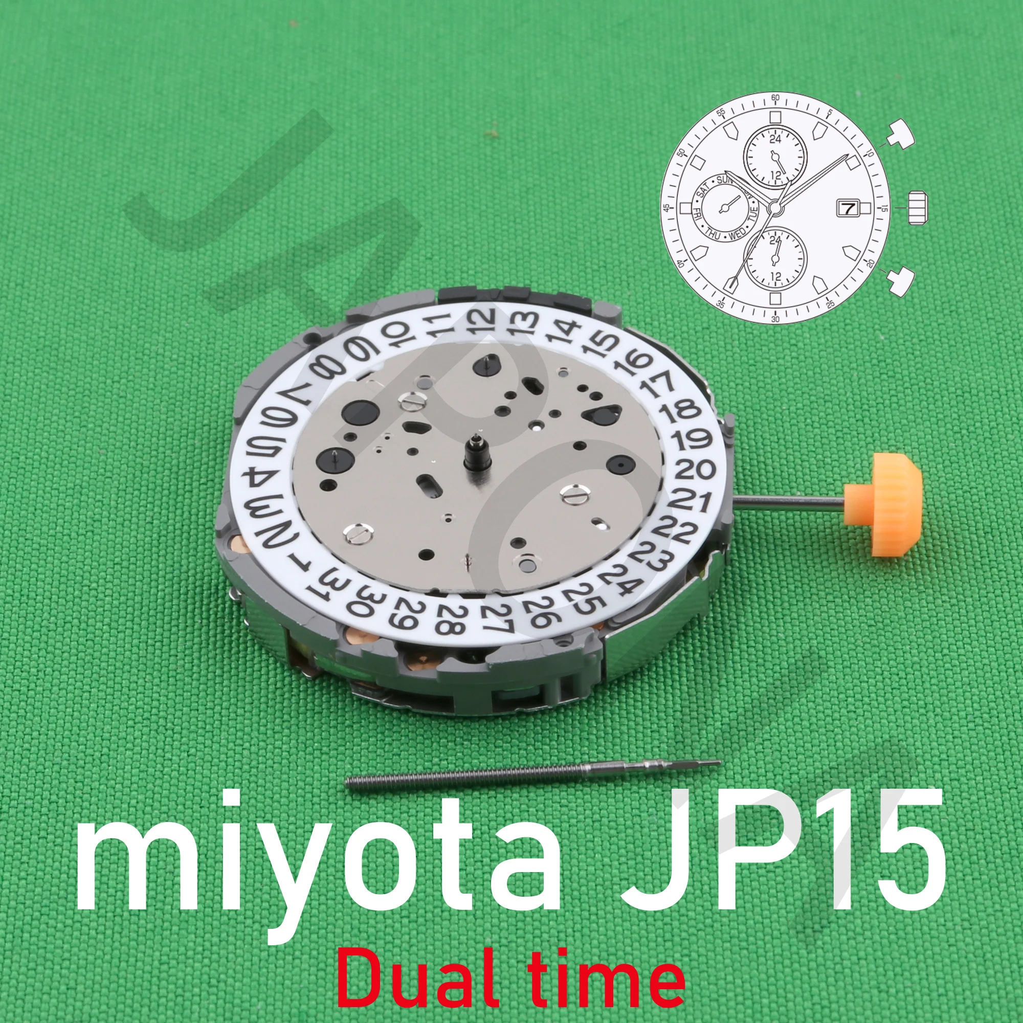 JP15 movement miyota JP15-3 Japanese movement Dual time movement with 2 push buttons. Subdials enable a wide variety of designs.