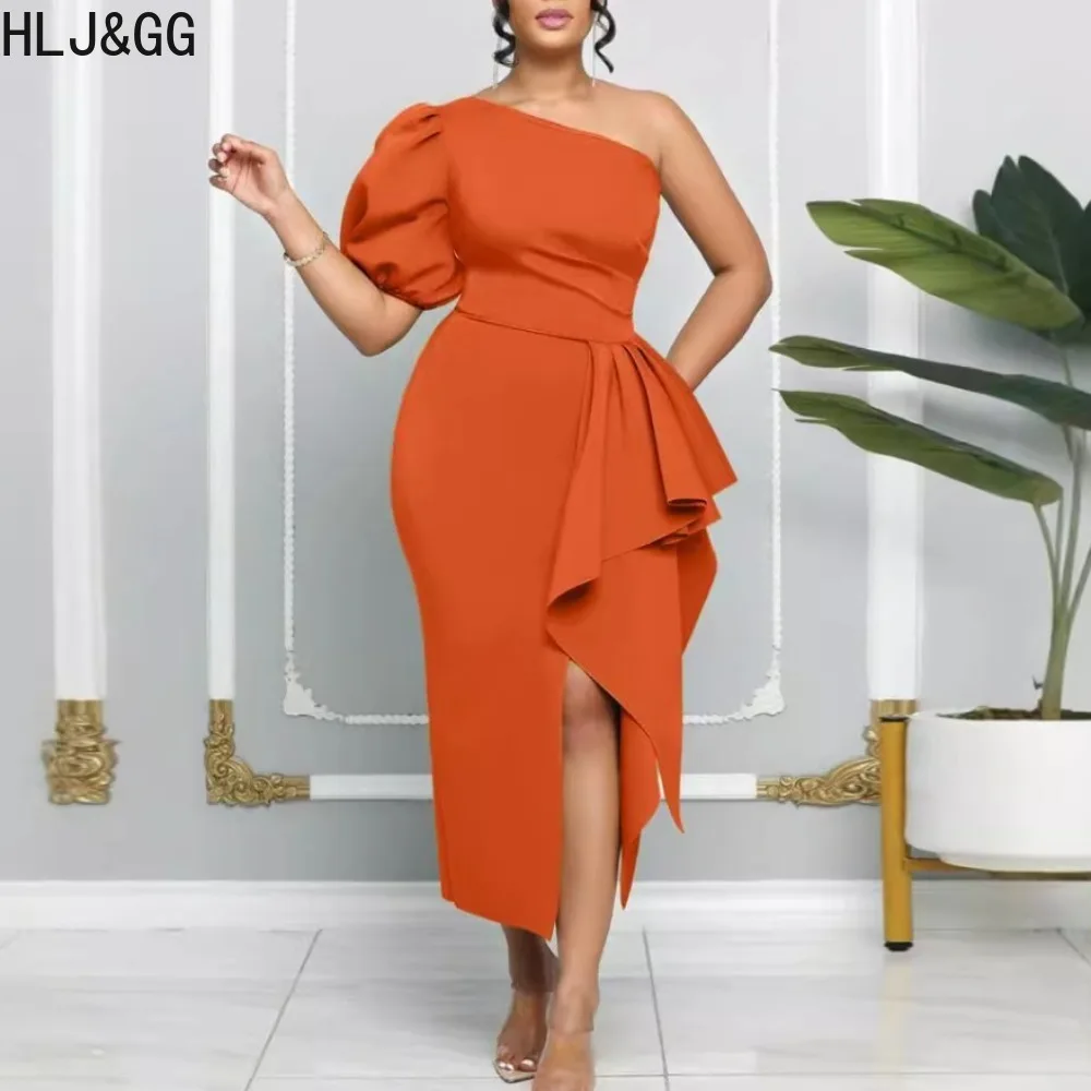 

HLJ&GG Orange Sexy One Shoulder Ruffle Irregular Dresses 2024 Women Solid Color Slim Ruched Vestidos Elegant Office Lady Clothes