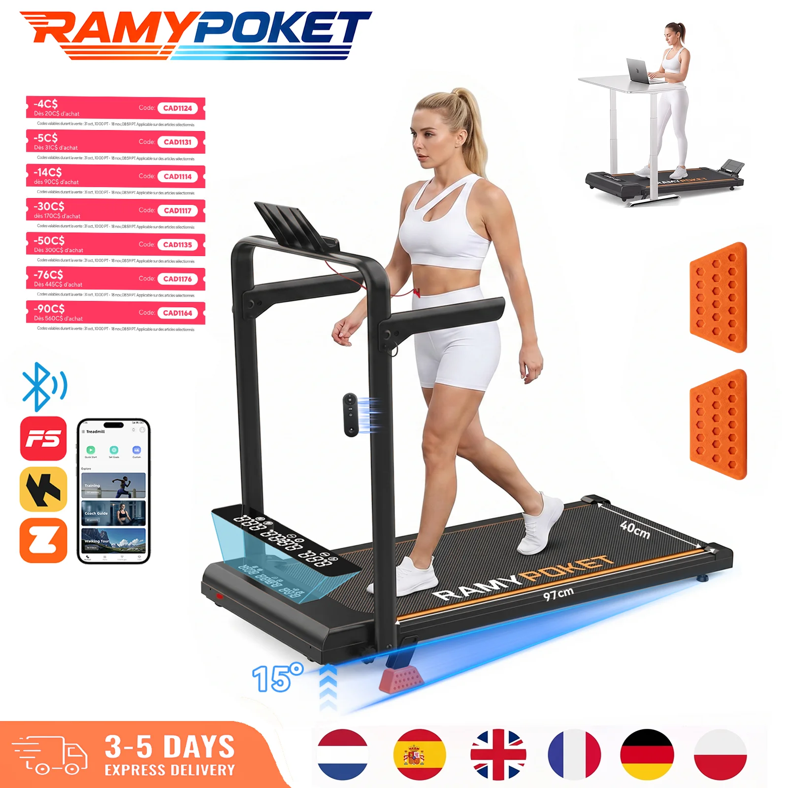 Ramypoket Foldable Treadmill 15% Incline,Treadmill 12Km/H,App/Led,Office Treadmill 150kg Max Load